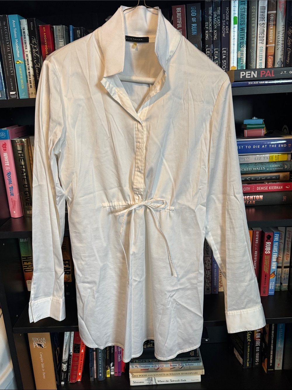 Elie Tahari White Drawstring Button-Front Casual Tunic